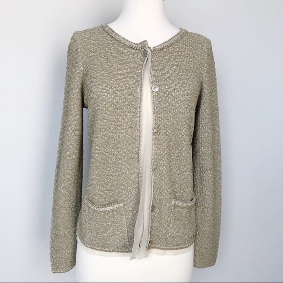Escada Metallic Gold Holiday Cardigan with Elbow Patches S - Picture 1 of 8